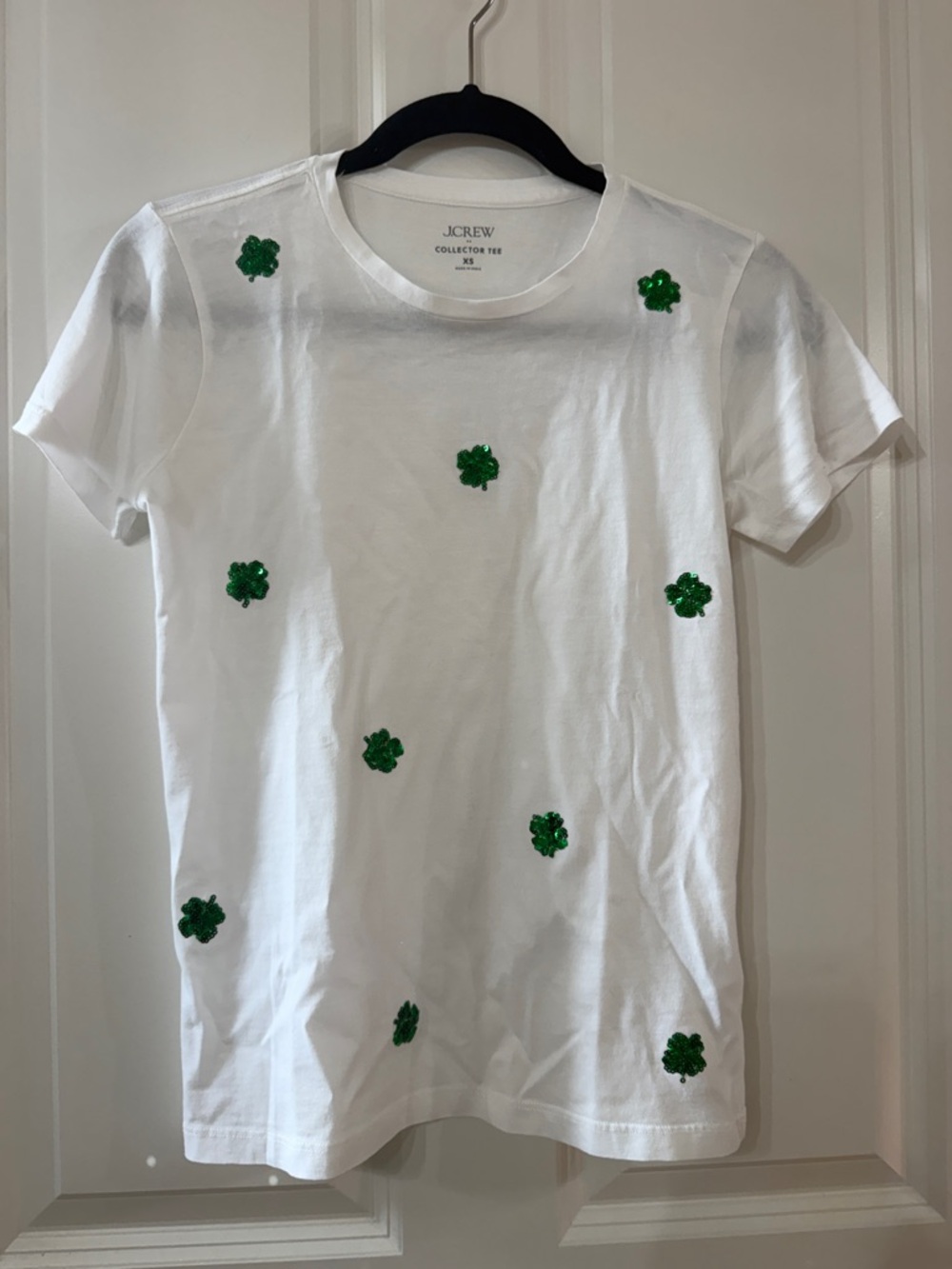 J. Crew White Short-Sleeve Tee with Green Clover Accents NWT